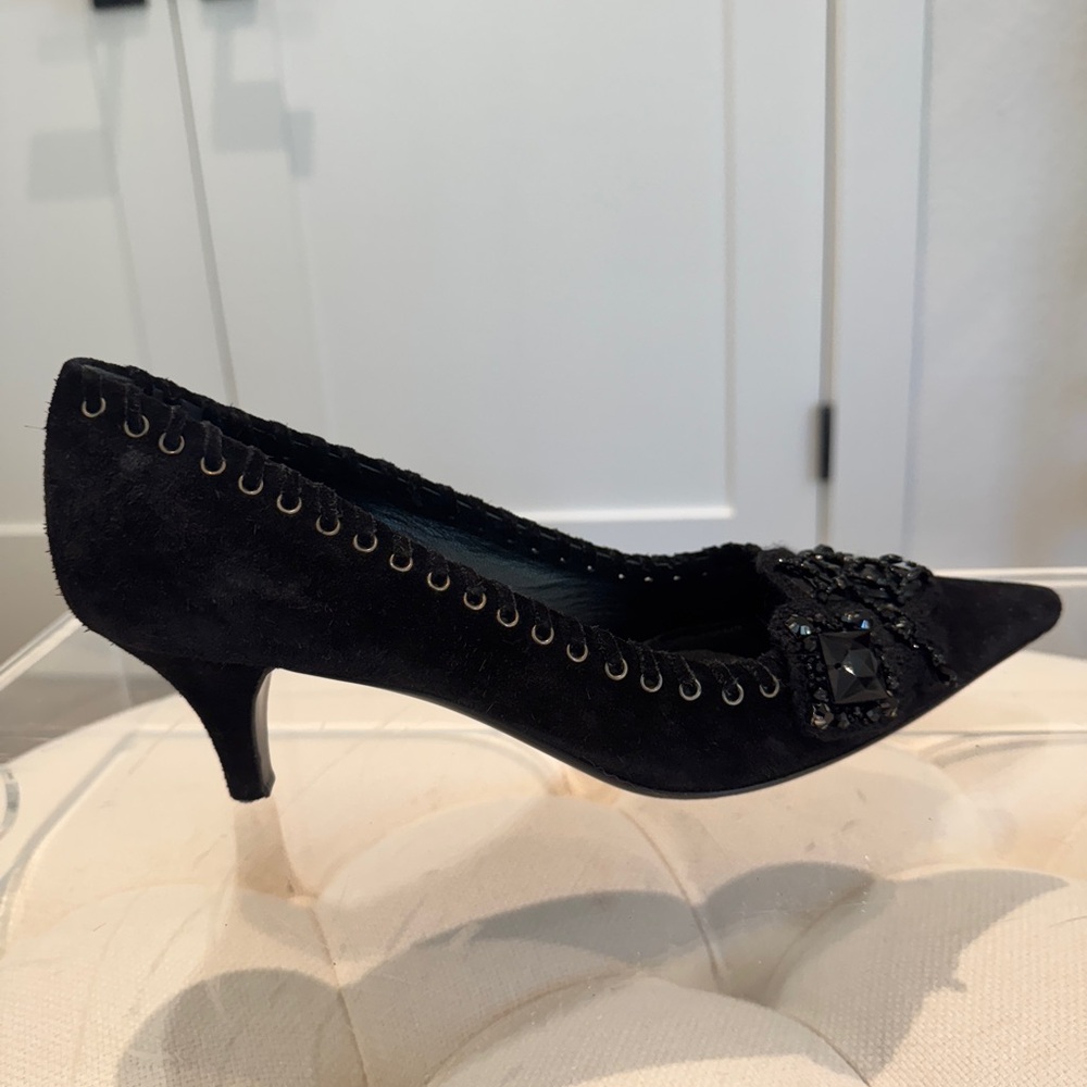 Prada Black Suede Beaded Embellished Pointed-Toe Heels (38.5) - Picture 8 of 13